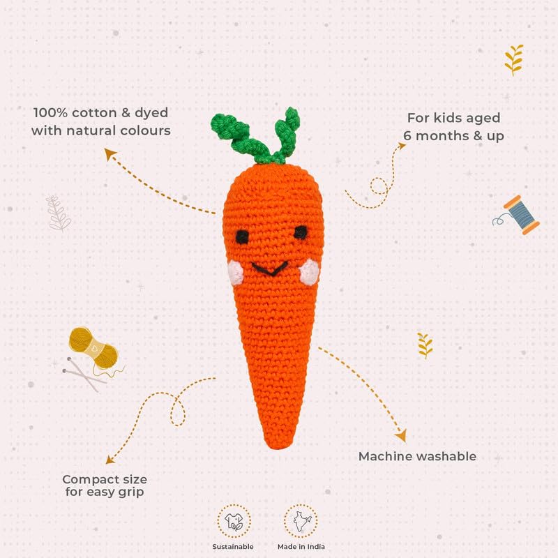 Image of LITTLE GINNIE Carrot Crochet Toy for Babies | Knitted Crochet Fruit Doll for Boys & Girls | Ideal for Birthday & Return Gift for 6+ Months