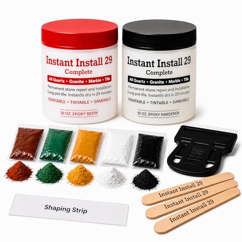 Instant Install 29 Complete - 20 oz Epoxy Permanent Repair Kit with EZ-Tint 10 g 5-Pack, Mixing Sticks, Razor, & Shaping Strip - Granite, Marble, & Tile - Rebonds & Rebuilds - Dry in 29 Minutes