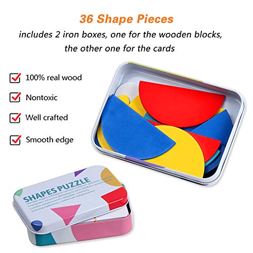 Wooden Animals Jigsaw Puzzles Educational Toys Shapes Puzzles Pattern Blocks for Toddlers Fine Motor Games Sorting and Stacking Toys for Boys Girls Age 3+(36 Shape Pieces& 60 Design Cards in Iron Box) - Thumbnail 3