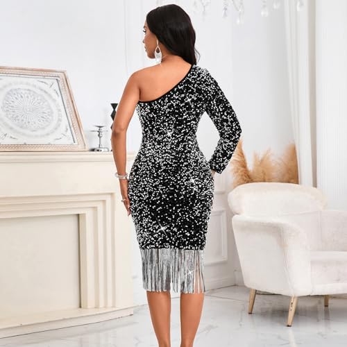 Image of dasmzper Women Sexy Sequin One Shoulder Long Sleeve Tassel Hem Bodycon Midi Dress Party Cocktail Dress