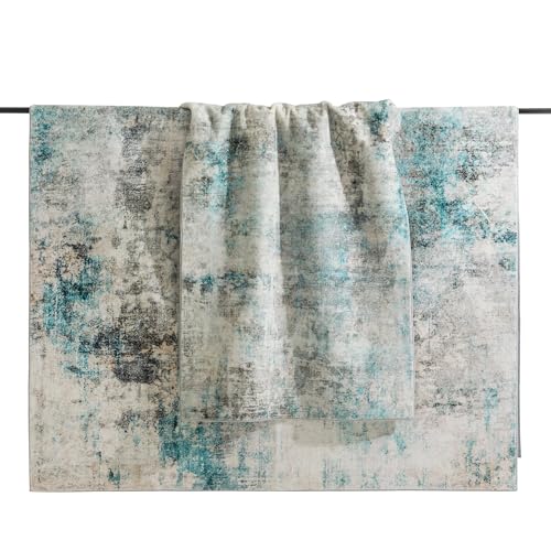 Carvapet 6x9 Large Rugs for Living Room Bedroom Kids Room, Washable Teal Modern Abstract Low Pile Carpet with Rubber Backing, Foldable, Non Slip Thin Area Rug, Ultra Soft