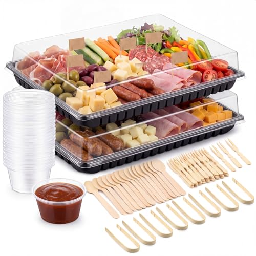Shellwei Disposable Charcuterie Board Accessories 2 Pack 15 x 10 Inch Charcuterie Board with Lid 10 Mini Serving Tongs 20 Spoons 100 Forks 50 Toothpick Flags 10 Bowls for Butter Cheese Jam Appetizer