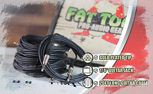 Guitar Cords (6 Pack) Instrument Cable By Fat Toad | 20Ft Wires 1/4 Inch Gold Straight-End For Electric, Acoustic, Bass, Keyboards, Speakers, Sound Amp & Music Recording Studio | Shielded 20 Awg Patch #TOP5