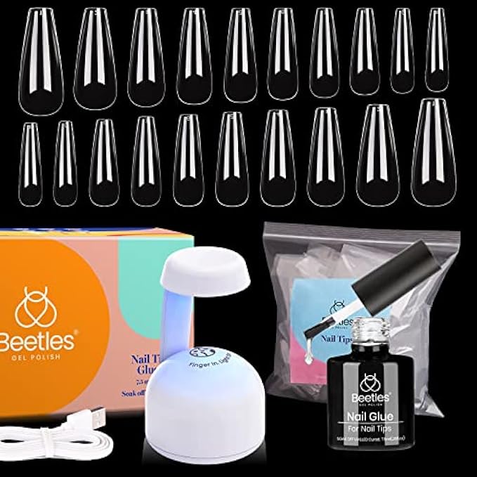 Beetles Gel Nail Kit Easy Nail Extension Set with 500Pcs Soft Gel Nail Tips Coffin Shape 2 In 1 Nail Glue Base Gel and Innovative Led Lamp Easy Diy Nails Art Home Gelly Tips Acrylic Nail Kit