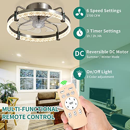 DWVO Ceiling Fan with Lights 20", Low Profile Flush Mount Ceiling Fan, Enclosed Bladeless Fan with Quiet Reversible DC Motor, 6 Speeds, for Bedroom,Living Room Kitchen, Indoor, Brushed Nickel