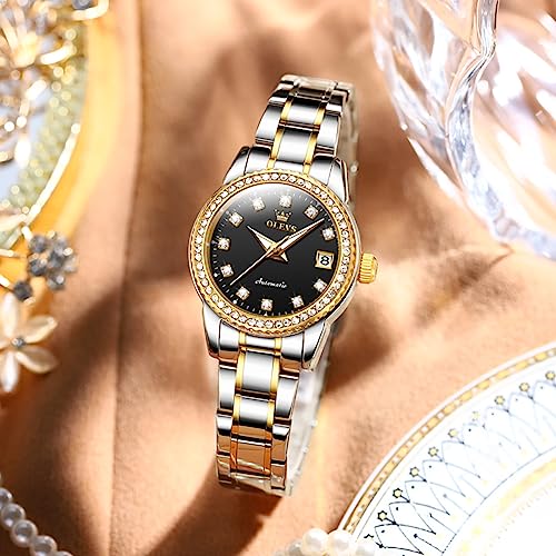 Image of OLEVS Womens Automatic Watch Gold Luxury Diamond Self Winding Ladies Wrist Watches Waterproof Luminous Date