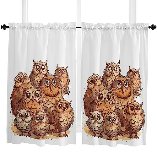 Brown Owl Window Short Curtains 54 Inch Length, Cute Cartoon Animals Watercolor Draw Rod Pocket Window Treatment Kitchen Drapes for Bedroom, Cafe, Living Room, 2 Panels, 52 W x 54 L
