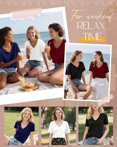 Neer 4 Pack Women's V Neck T-Shirts Summer Short Sleeve Casual Tops Loose Fit Flat Hem Basic Tees3