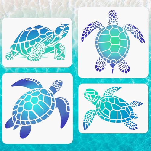 4Pcs Sea Turtle Wall Stencil Templates 11.8 x 11.8 and A4 Size Reusable Turtle Pattern Stencils for Painting on Wood Wall Floor Fabric Glass Furniture, DIY Home Decor or Craft Stencils