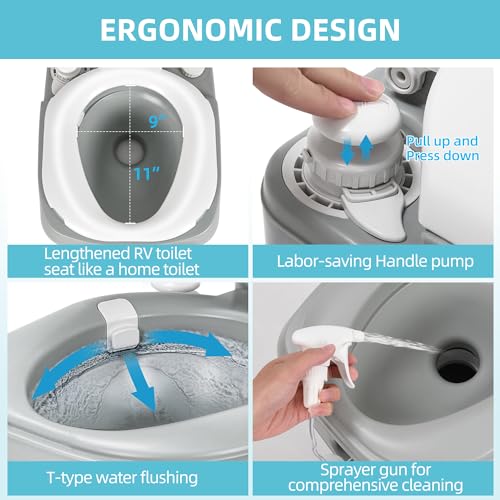 Image of YITAMOTOR Portable Toilet 5.8 Gallon, Camping Porta Potty with Sprayer and Handbag, RV Toilet with Handle Pump, Level Indicator, for Motorhome Travel, Car, Boat, Indoors and Outdoors