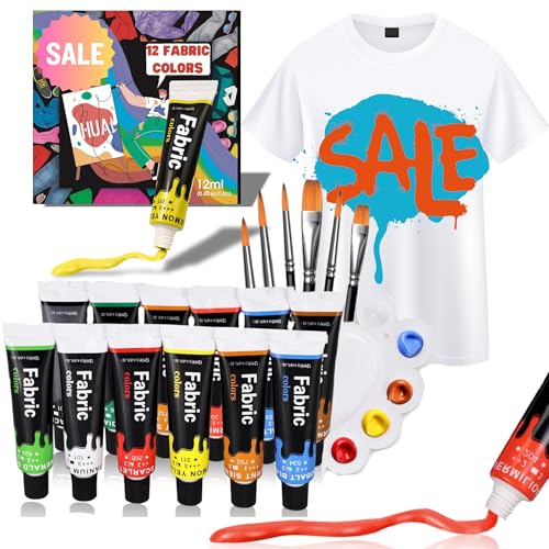 HUAL Fabric Paint Set for Clothes 12 Vibrant Colors Textile Paint with 6 Brushes & Palette...