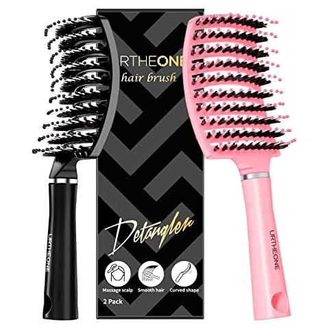 Hair Brush,URTHEONE Detangling Hairbrush Boar Bristle Curved Vented Hair Brush for Women Men Kids Curly Thick Long Short Wet or Dry Hair, Faster Blow Drying(2Pack, Black&Pink) Cover