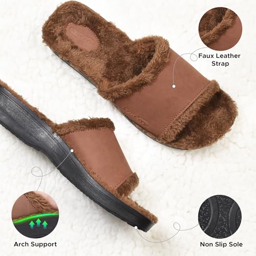AEROTHOTIC House Slippers for Women Indoor Outdoor Slip on Recovery Plantar Fasciitis Relief Faux Fur Lining Footbed with Breathable Stylish Strap Walking Travel Fuzzy Slides4