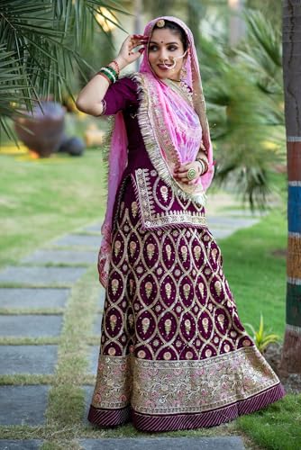 Image of Heavy Embroidery Work Semi Stitched Shimmer Silk Rajputi Poshak For Women Rajasthani Lehenga Choli