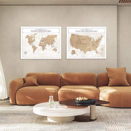 Image of IPIC - Vintage World Map & USA Map Canvas Wall Art Set of 2, Travel Wall Decor with Pins Included, Ready to Hang for Office or Living Room, 30x24 Inch