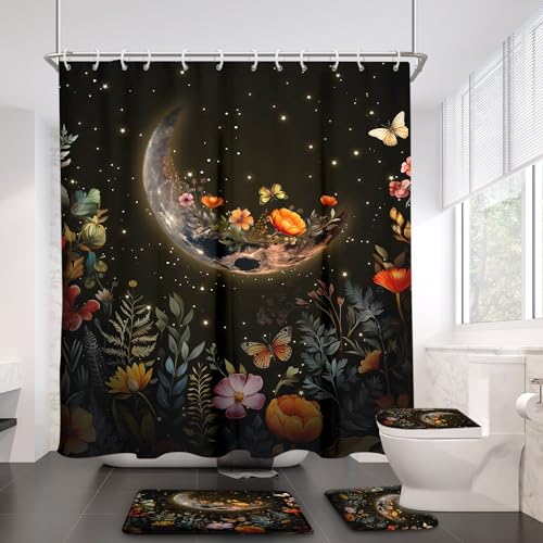 RTFEVG Moon Shower Curtain Sets 4PC Witchy Witch Black Dark