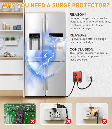 Refrigerator Surge Protector, 3-Outlet 120V for Home Appliance Surge Protector, Time Delay, LED Indicator Light & 110dB Alarm, Protects Against Voltage Abnormalities, Brownout, Spike, Instant Surge