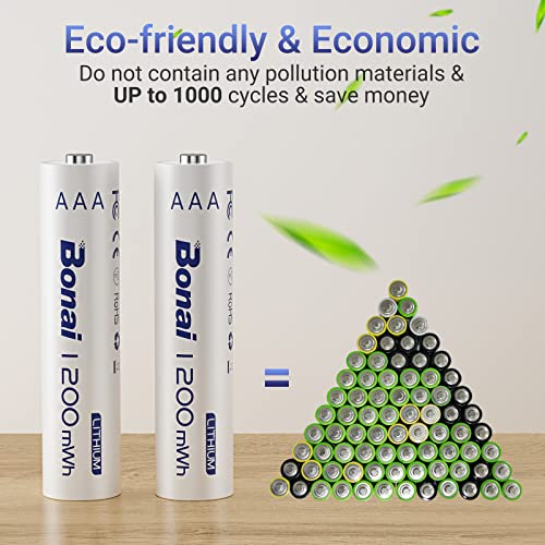 Bonai Rechargeable Lithium Aaa Batteries With Charger, 1200Mwh 1.5V Aaa Batteries 4 Count With 2H Fast Charge， #TOP4