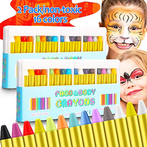 Blasoul 2-Pack Face Paint Crayons Safe for Sensitive Skin, 16 Colors Washable Face