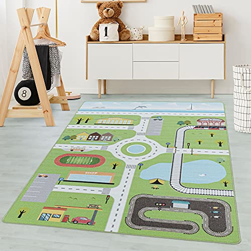 Carpetsale24 Kinderteppich Straßenteppich Lernen und Spielen Grün 140 x 200 cm - Kurzflor Teppich...