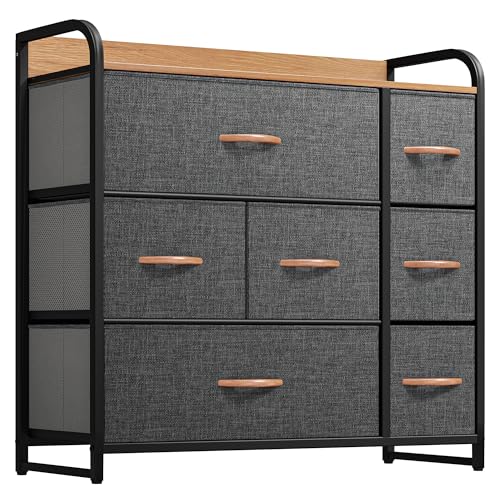 YITAHOME Dresser with 7 Drawers Storage Tower, Organizer Unit for Bedroom, Living Room, Hallway, Closets & Sturdy Steel Frame, Wooden Top & Easy Pull Fabric Bins, Grey