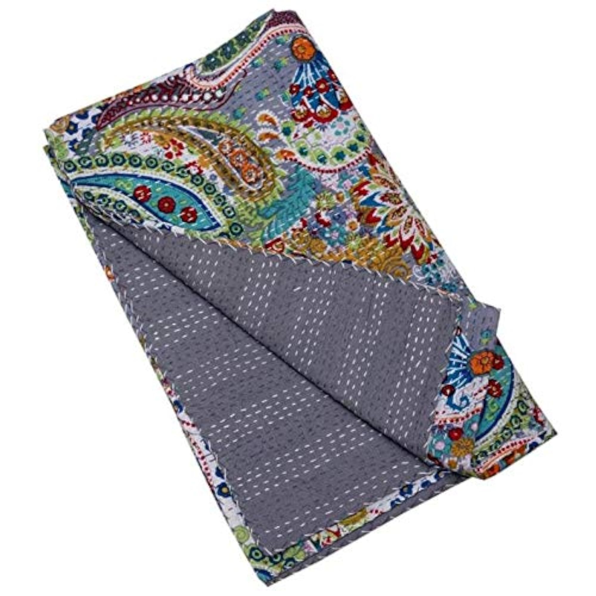 Handmade Kantha Quilt King Size, Bohemian Bedspread, Grey