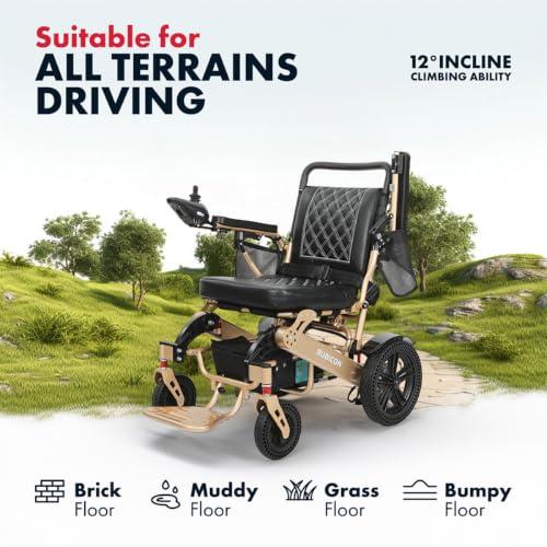 Image of Rubicon DX14 - Longest Range 30 Miles, Airline Approved Electric Wheelchair, Dual 12AH Lithium Batteries, 2x300W Motors, Leather Cushion, Foldable, Lightweight & Powerful (Bronze)