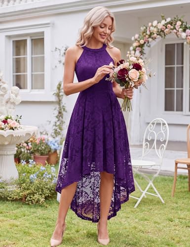 Image of Dressystar Women Halter Lace Wedding Guest Dress Hi-Lo Cocktail Party Bridesmaid Formal Dresses