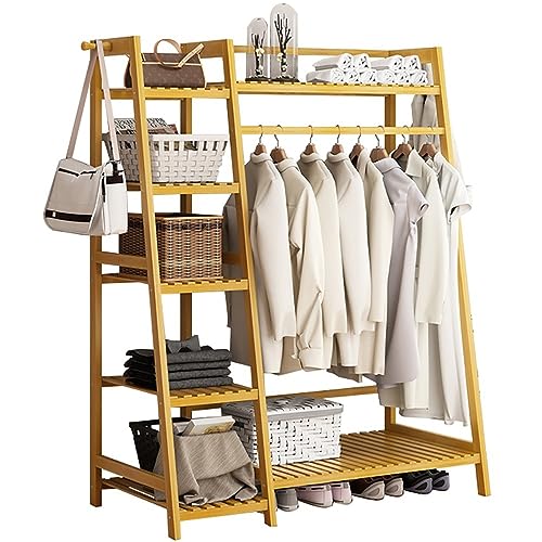 Perchero de bambú para ropa, perchero independiente con barra para colgar, estructura trapezoidal, organizador de almacenamiento para dormitorio y pasillo