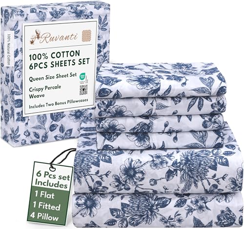 RUVANTI 6 Pcs Cotton Sheets - 100% Natural Cotton Soft, Lightweight & Breathable Crispy Percale Bed Sheets, Queen Sheet Set 16" Deep Pockets, Wild Flower