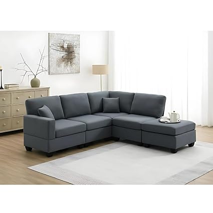 Cozyheaven Oliv 5 Seater Fabric L Shaped Sectional Sofa Set for Living Room (Dark Grey)