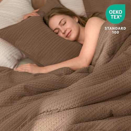 Image of PHF Soft Waffle Comforter Set King Size- Comfy Breathable Waffle Weave Comforter with 2 Pillow Shams, 3 Pieces Less Snagging Lightweight Textured Bedding Set for All Season, Mocha