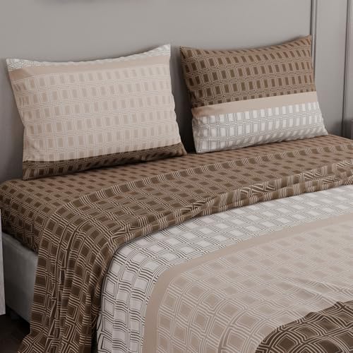 Image of BLISSHOME SoftTouch 150TC Cotton King Size Printed Bedsheet with 2 Pillow Covers for Double Bed, Silky Smooth Bedding Set, Breathable, Easy Maintain, Geometric Pattern - Brown (228cm X 274cm)
