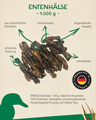 MIMOS Entenhälse 1000 g - Natürliche Kausnacks 100% Entenhals getreidefrei. Schonend getrocknete Hunde-Kauartikel für große und mittlere Tiere