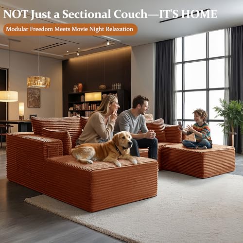 Image of 108 inch Cloud Sectional Couch, Comfort U Shaped Boneless Couch for Living Room, Extra Deep Seats No Assembly, Minimalist Modular Sofa, Corduroy (Deep Orange, 2 Seater+Right Facing Chaise+Ottoman)