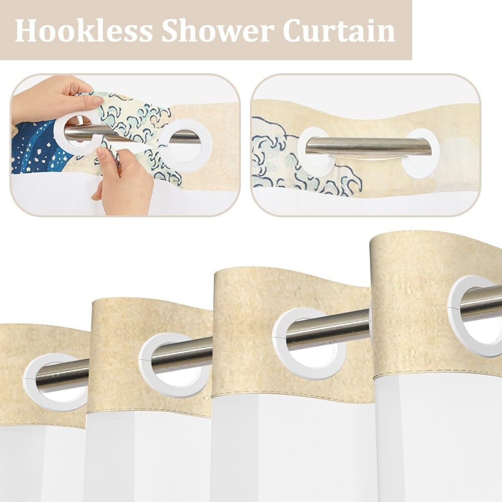 No Hooks Shower Curtain and Liner Set Japanese Anime Shower Curtain for Bathroom The Great Wave of Kanagawa Bath Curtains Double Layers Machine Washable Waterproof Fabric with Sheer Window 71x74 Inch