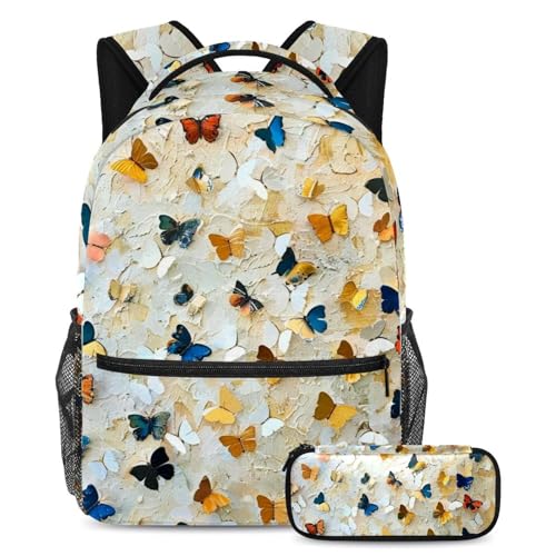 Sac à dos imprimé papillon avec trousse pour l'école et le voyage des ados