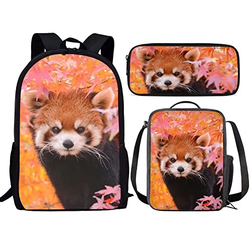 AmzPrint Juego de 3 mochilas de baloncesto de 17 pulgadas, mochila negra para estudiantes escolares, lonchera aislada, bolsa de lápices para niños, lindo panda rojo, talla única, mochilas de día