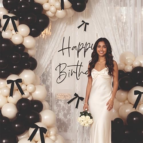 Image of Balloon Garland Kit, Black & Sand White with Ribbon Bows, Birthday Decoration, Pack of 61 pieces
