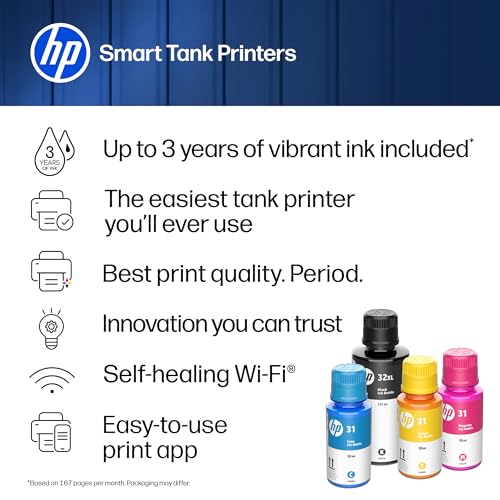 Image of HP Smart Tank 5100 Wireless All-in-One Refillable Printer, Scanner, Copier with up to 3 Years of Ink Included, Best-for-Home, Cartridge-Free, AI-Capable (D06BLA)