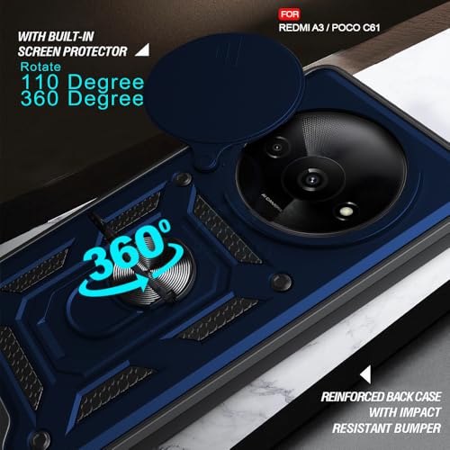 Image of AESTMO Tough Armor Redmi A3 / Poco C61 Bumper Back Case Cover | Ring Holder & Sliding Camera Shield Cover | 360 Degree Protection Back Case Cover for Redmi A3 / Poco C61 (Blue)