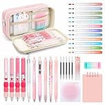 ESSALOO Pencil Case with Stationery Included, Pencil Case Set & School Stationary Supplies, School Stationery Set with 12 Highlighters, 5 Gel Pens & 4 Erasable Pens, Sticky Notes & A7 Notebook, Pink