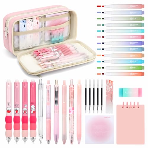 ESSALOO 63 Pièces Fournitures Scolaires Esthétiques avec Trousse à Stylos, 12 Surligneur Pastel, 5 Stylos Gel, 4 Stylos Effaçables, 6 Porte Mine, Ensemble de...