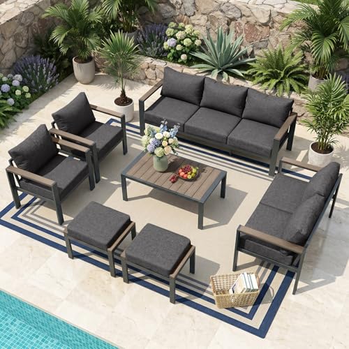 SAILARY Outdoor Patio Furniture Set 7 Pieces Luxury Aluminum Patio Conversation Set with Coffee Table and 2 Ottoman 9 Seats, Thick Cushions, Large Sectional Sofa for Porch, Balcony, Deck, Dark Gray