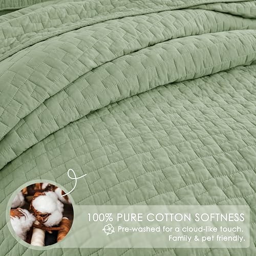 Image of palassio Sage Green 100% Cotton Quilt King Size Bedding Sets with 2 Pillow Shams, Textured Lightweight Soft Bedspread Shabby Chic Coverlet, Quilted Comforter Bed Cover for All Season, 3 Pieces