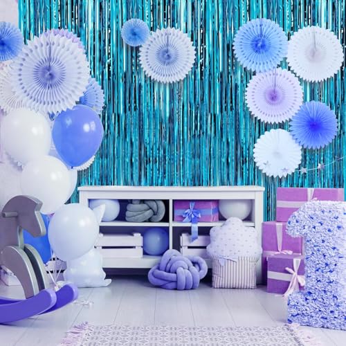 Image of Crosize 8 Pack 3.3 x 9.9 ft Blue Foil Fringe Curtains Party Decorations, Blue Tinsel Curtain Backdrop for Parties, Door Streamers, Glitter Streamer Backdrop for Birthday Decoration