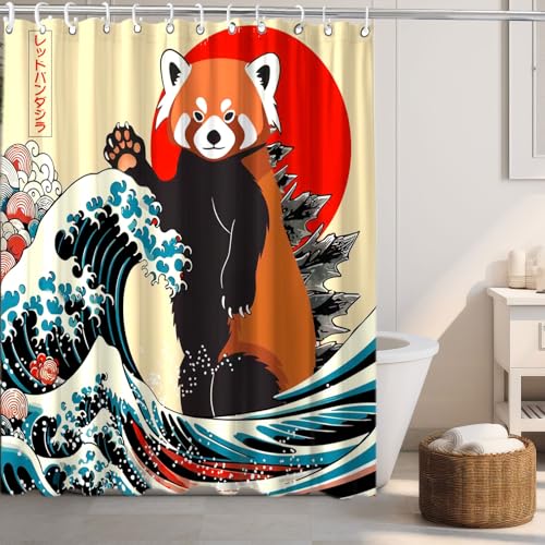 Image of Funny Cute Red Panda Shower Curtain, Japan Animal Ocean Sea Wave Fabric Shower Curtains Set, Japanese Art Shower Curtains with Hooks, Kids Bathroom Art 72x72inch