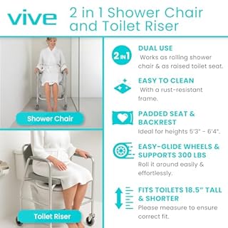 Vive Shower Chair & Toilet Riser with Wheels - Rolling Bathroom Seat for Elderly, Disabled, Handicapped - Adjustable Senior Raised Bath Potty Chair with Handles for Adults - w/ Arms & Locking Wheels