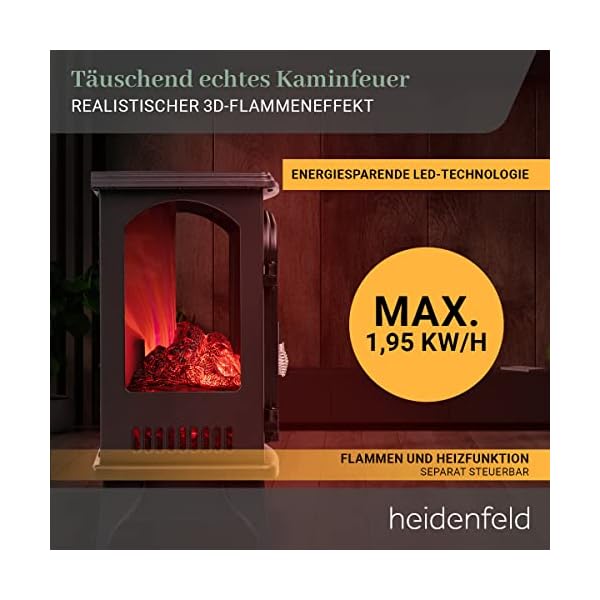 Heidenfeld Elektro Kamin EK100-3 Jahre Garantie - 2000 Watt - Energiesparende LED - 3 seitige Glasfront - 2 Heizstufen… – Bild 6