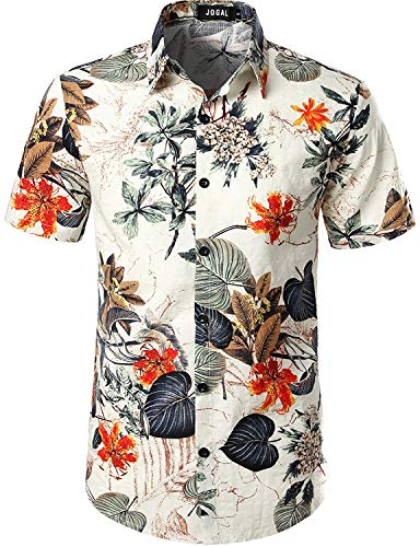 JOGAL Herren Casual Floral Blumenmuster Kurzarm Hawaiihemd X-Large Weiß